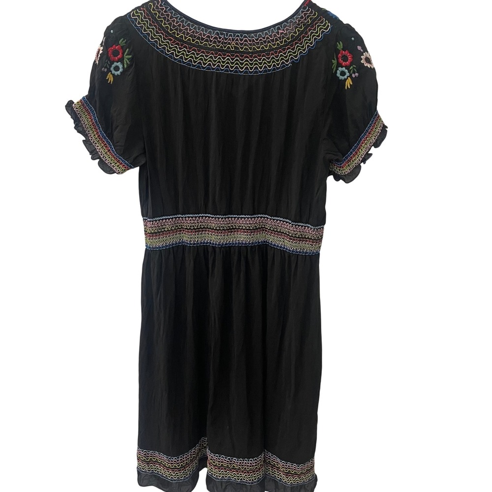 Johnny Was Black Floral Embroidered Boho Mini Dress Smocked Waist Short Sleeve M - Picture 2 of 9